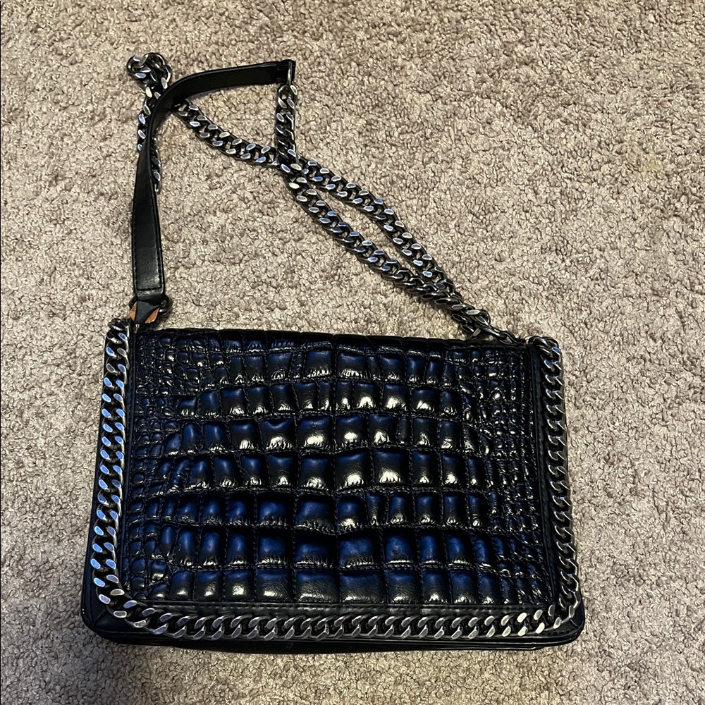 Zara Black Croc-Embossed Shoulder Bag with Chain